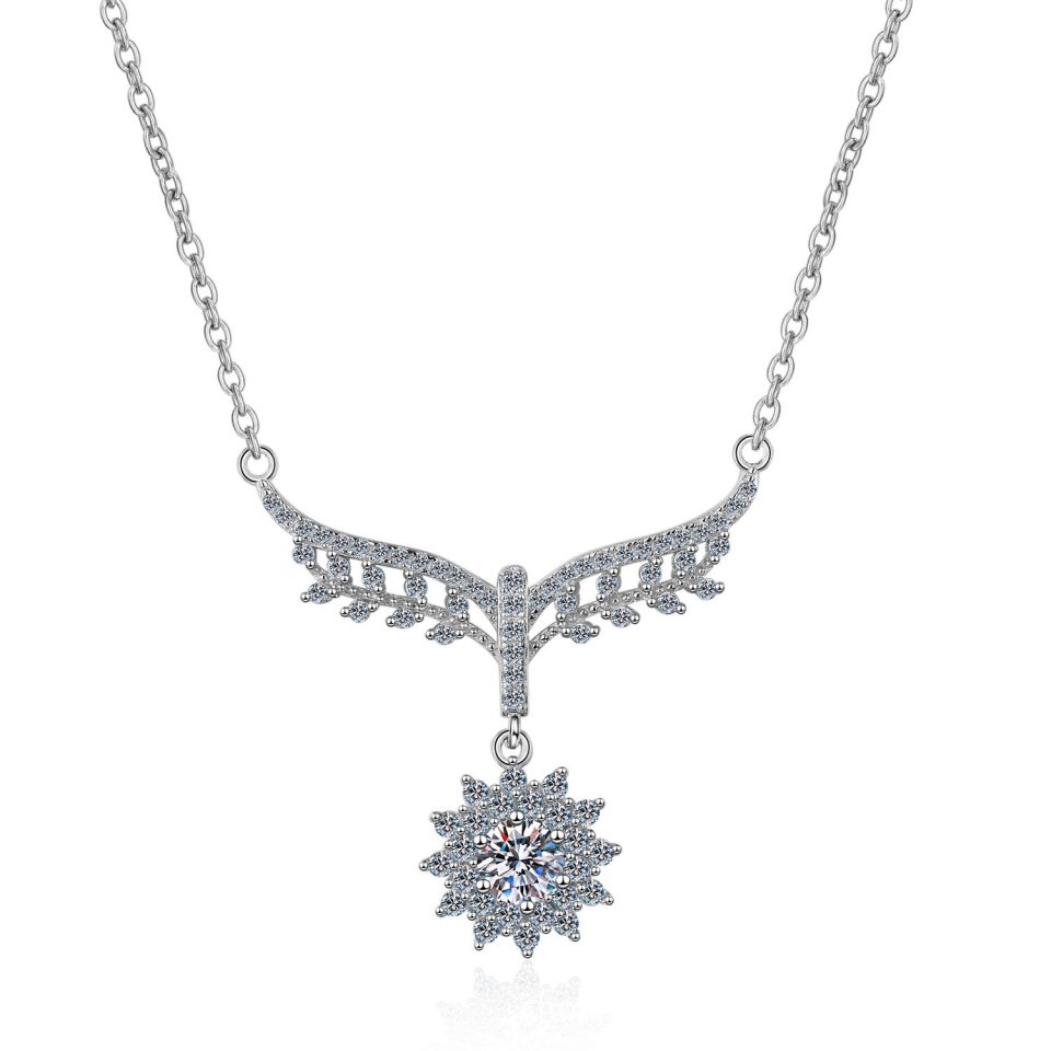 Angel Wings Sunflower Halo Moissanite Pendant Necklace - 925 Sterling Silver, 0.5ct Center Stone
