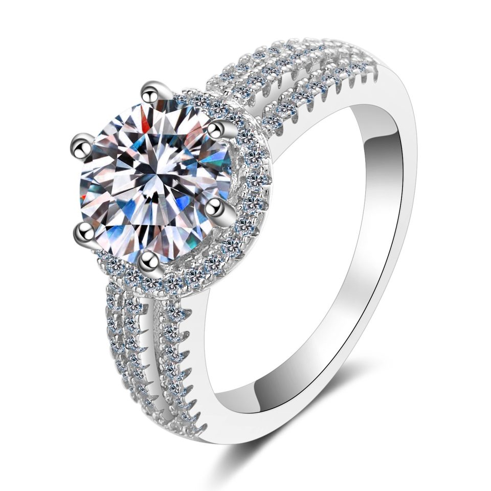 2ct/3ct 6-Prong Triple Pavé Halo Moissanite Ring - 925 Sterling Silver Band