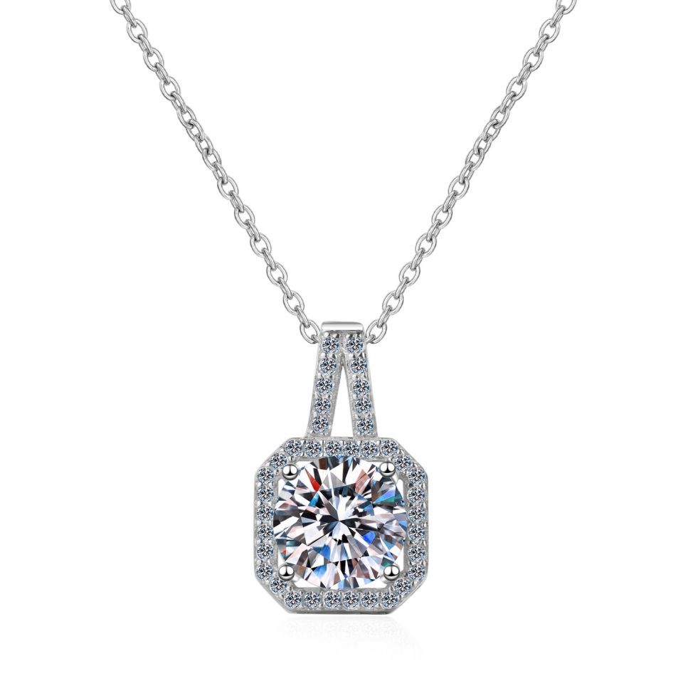0.5ct/1ct/2ct Round-Cut Moissanite Octagonal Halo Pendant Necklace, 925 Sterling Silver