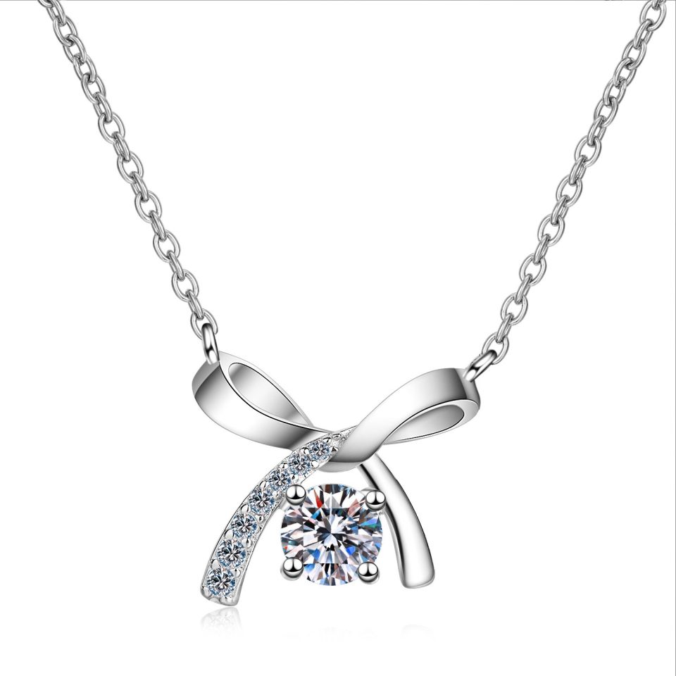 Bow Knot Solitaire Moissanite Pendant Necklace - 925 Sterling Silver, 0.5ct