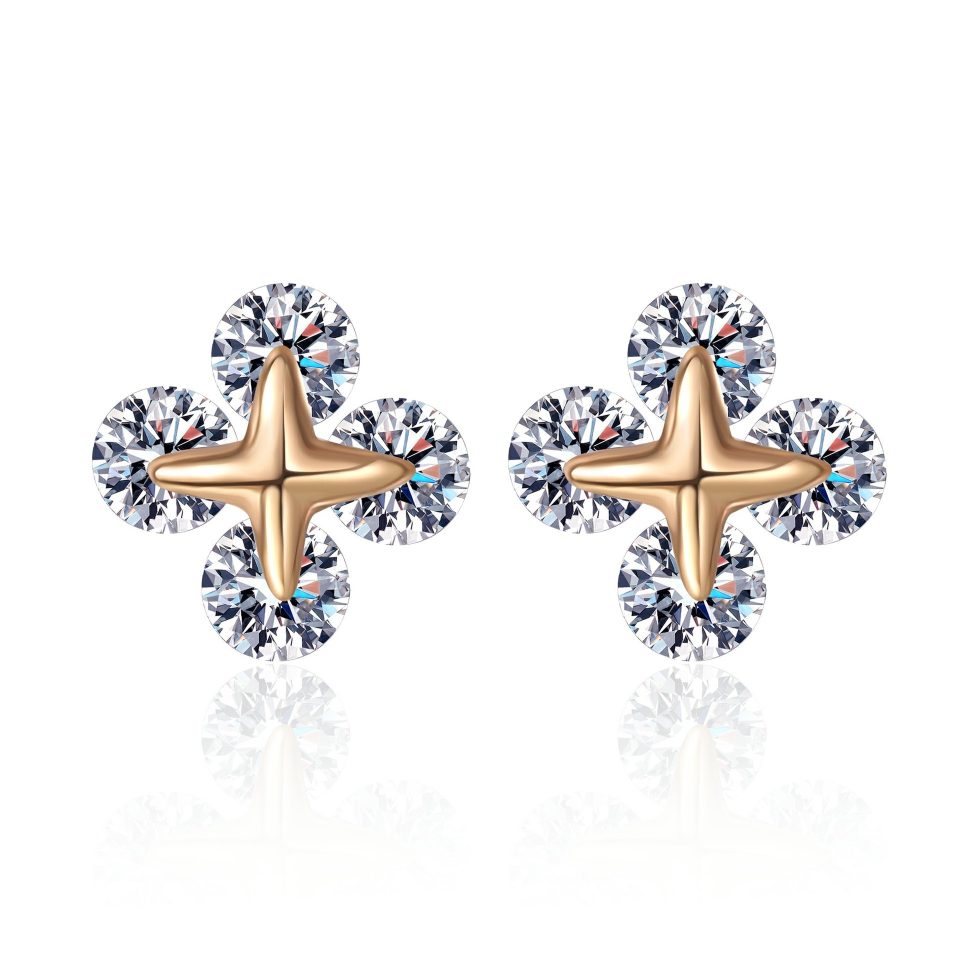 Rose Gold-Plated Four-Stone Cross Moissanite Stud Earrings - 925 Sterling Silver, 0.4ct Per Ear
