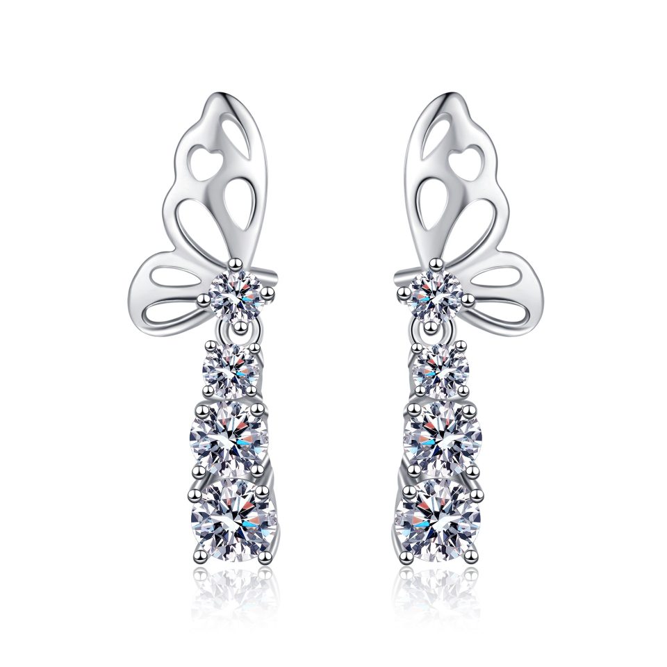 Openwork Butterfly Linear Drop Moissanite Stud Earrings - 925 Sterling Silver, 0.62ct Per Ear