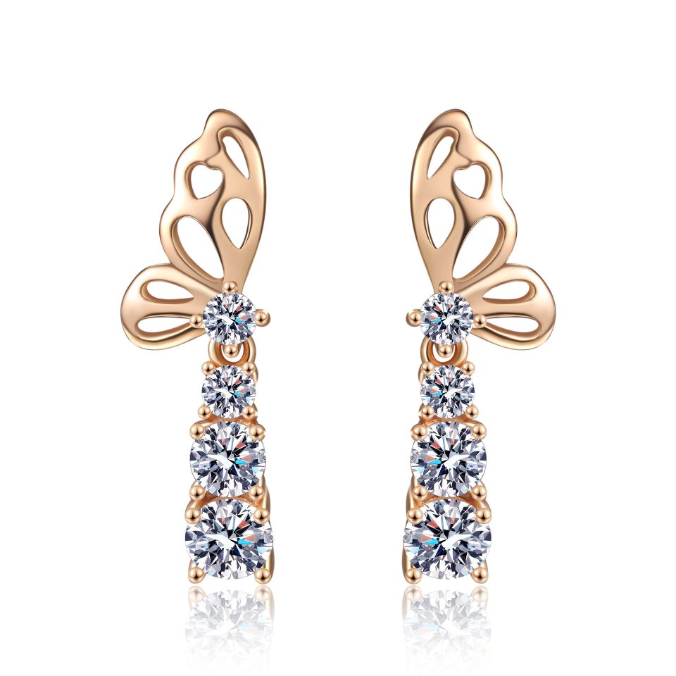 Rose Gold Plated Butterfly Linear Drop Moissanite Earrings - 925 Sterling Silver, 0.62ct per Ear