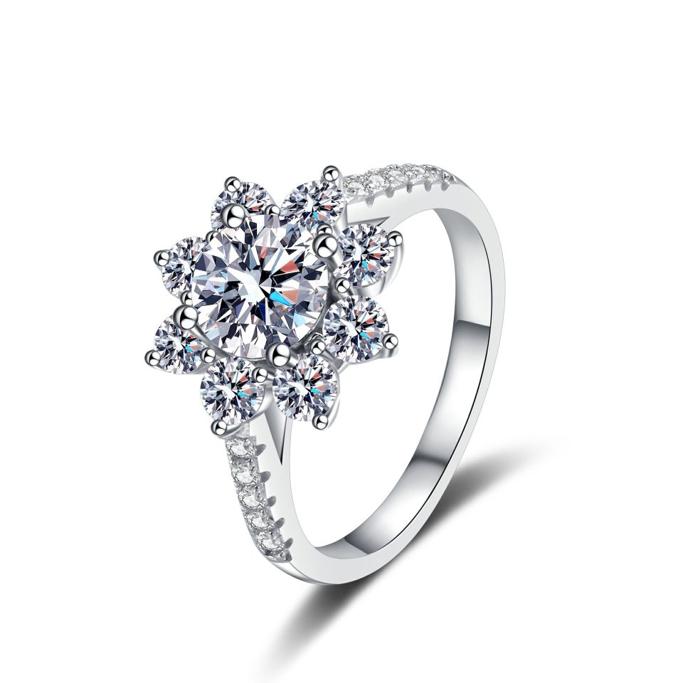 1ct Sunflower Halo Moissanite Ring - 925 Sterling Silver Pavé Band