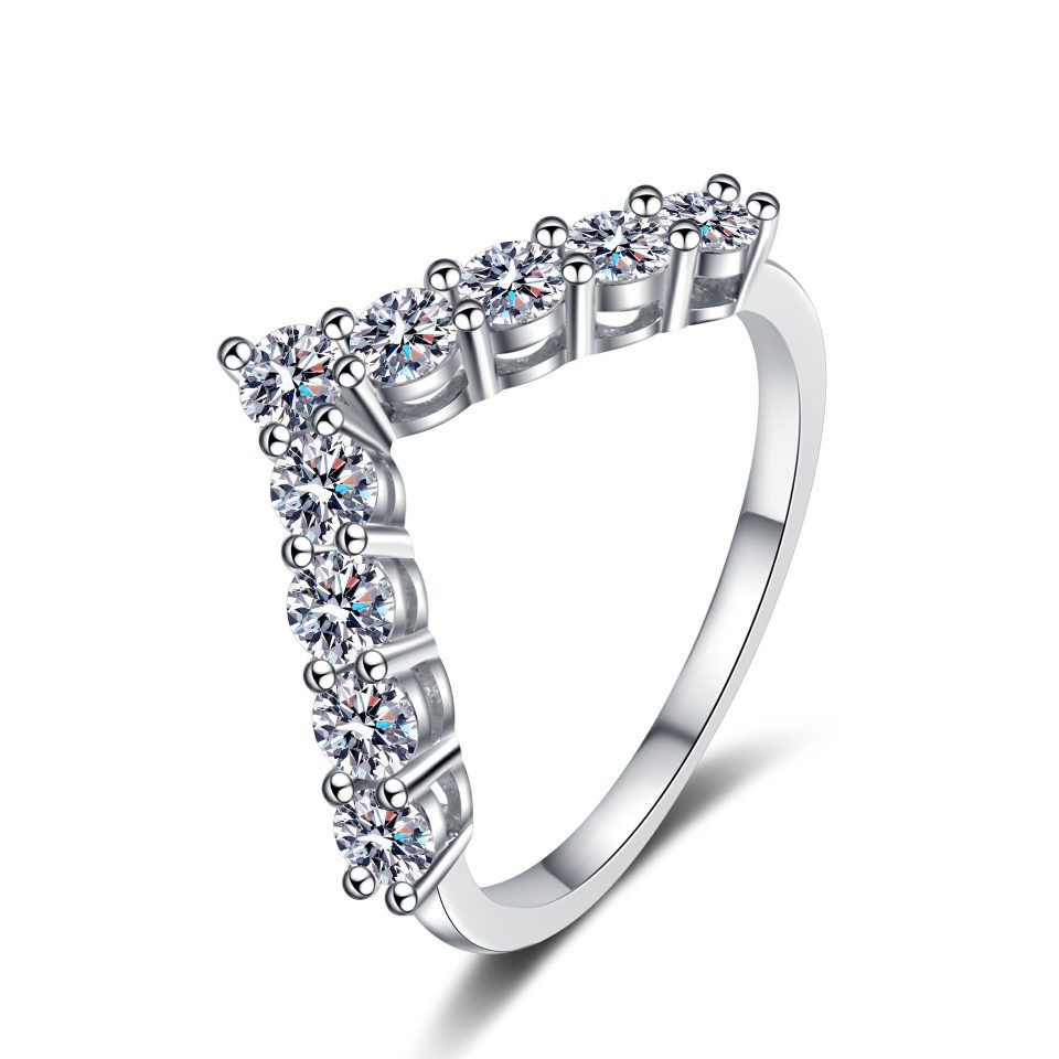 0.9ct V-Shaped Moissanite Half Eternity Ring - 925 Sterling Silver Band