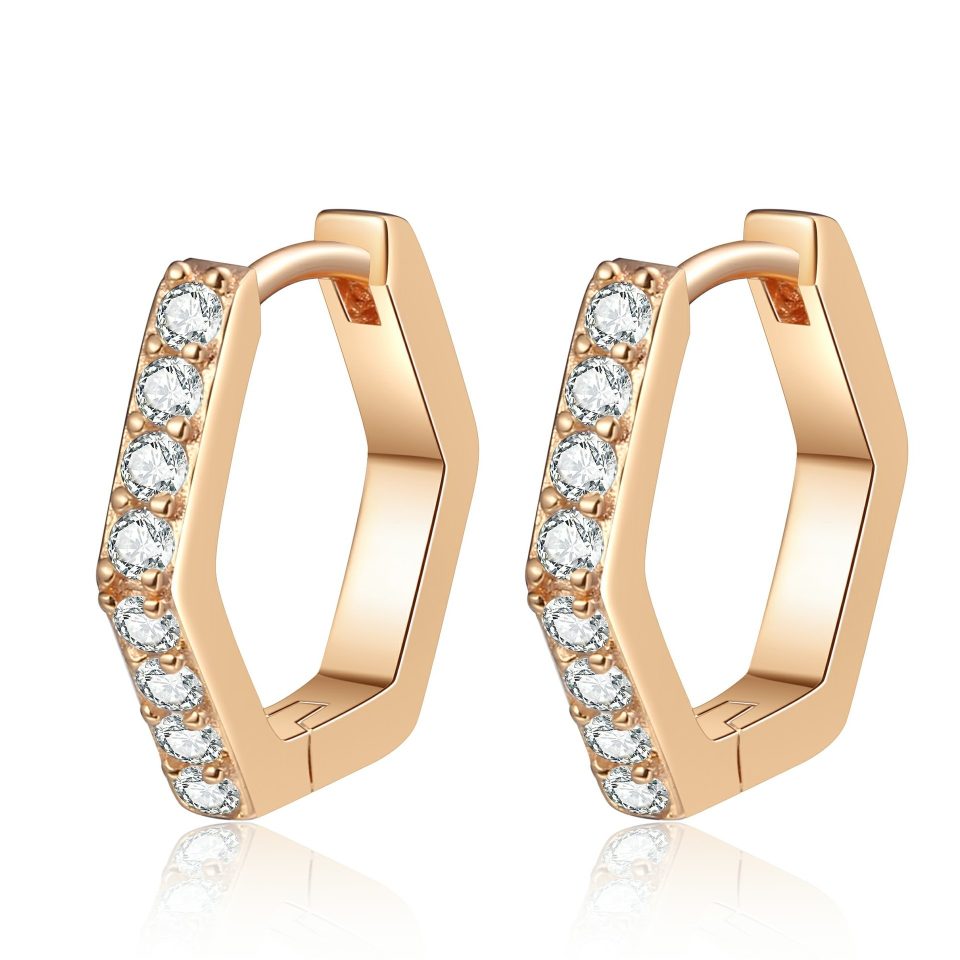 Rose Gold-Plated Hexagonal Half Pavé Moissanite Huggie Hoop Earrings - 925 Sterling Silver, 0.2ct Per Ear