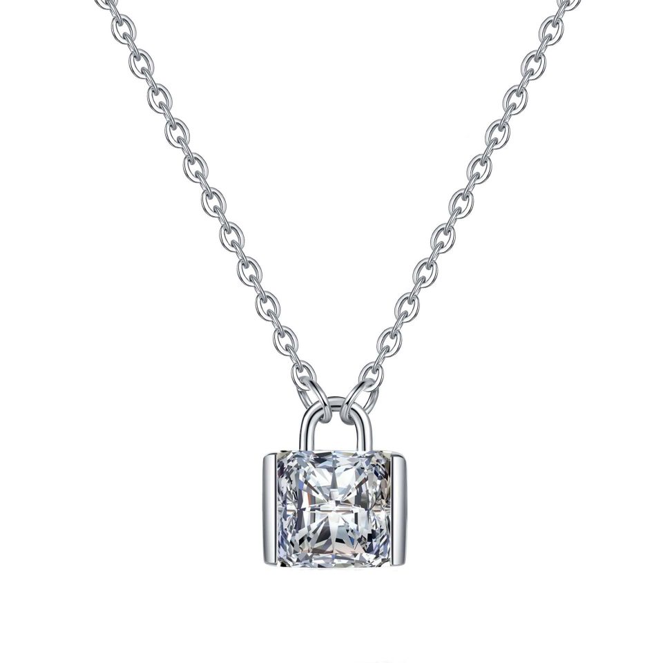2ct Princess-Cut Lock Pendant Necklace - 925 Sterling Silver