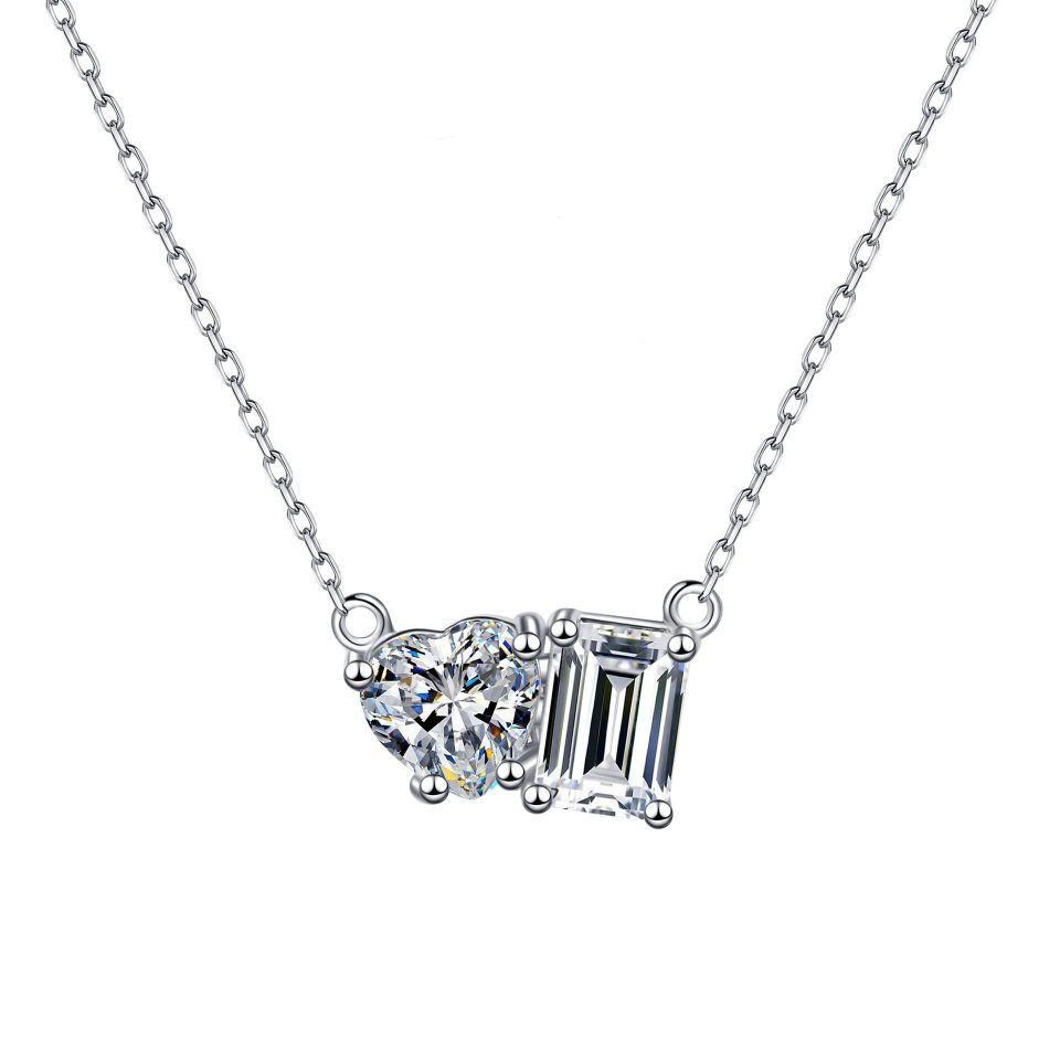 Heart & Emerald-Cut Toi et Moi Moissanite Pendant Necklace - 925 Sterling Silver, 2ct Total