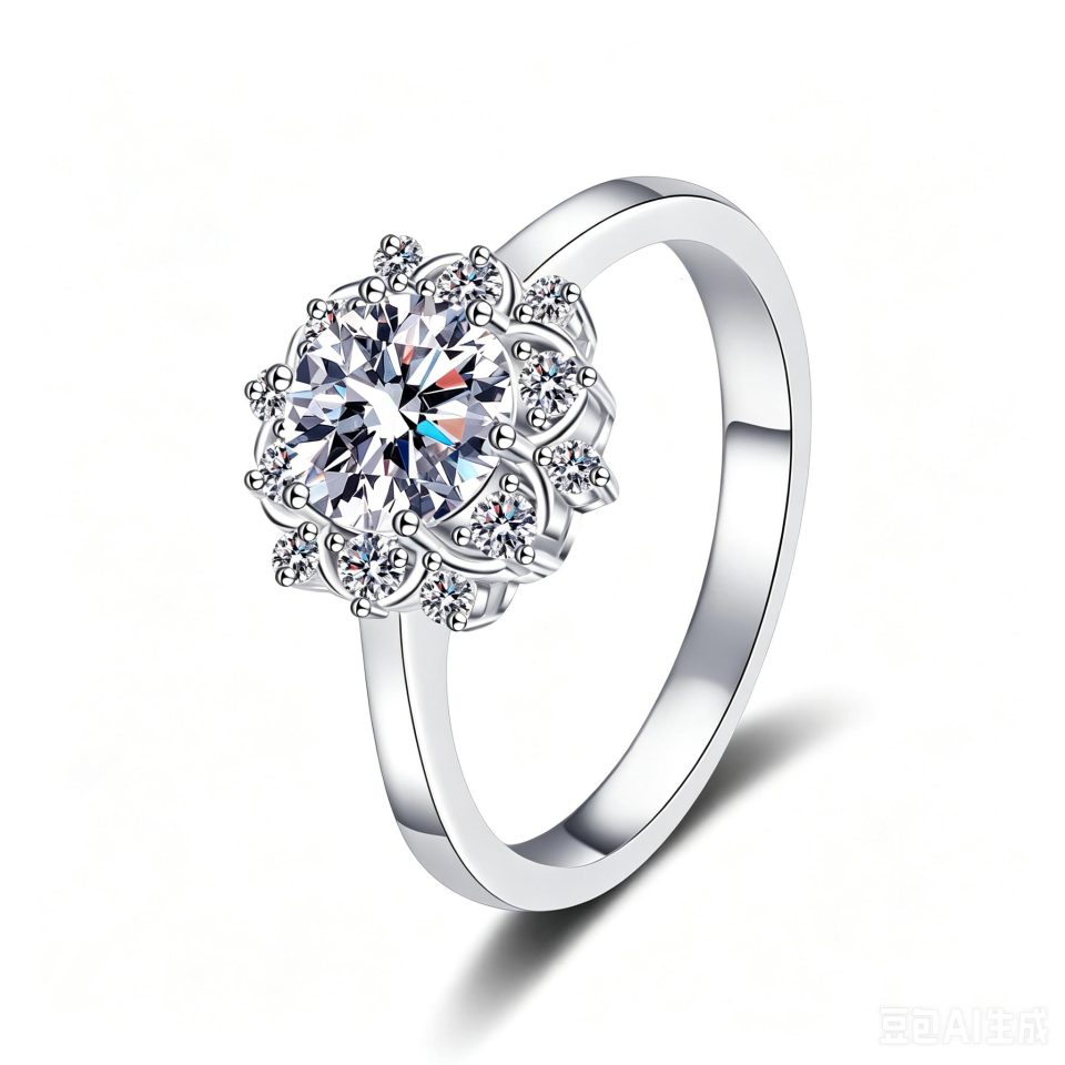 1ct Sunflower Halo Moissanite Ring - 925 Sterling Silver Band