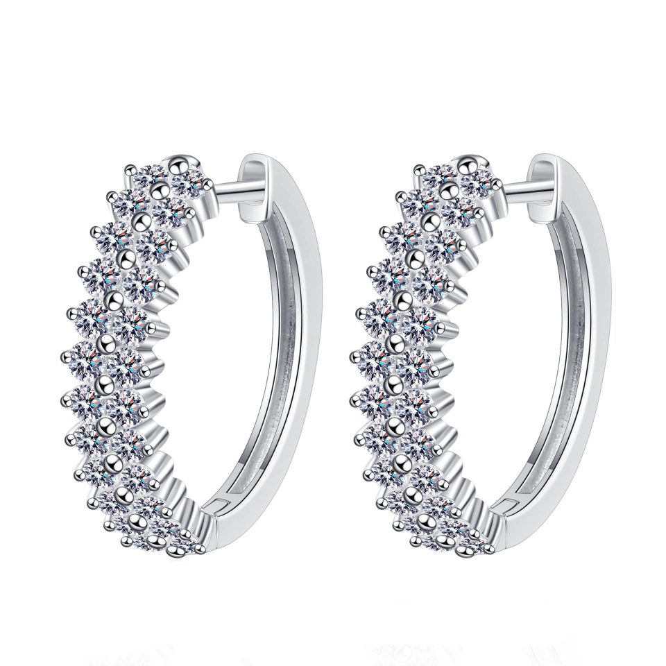 Double-Row Pavé-Set Moissanite Huggie Hoop Earrings - 925 Sterling Silver, 0.6ct Per Ear