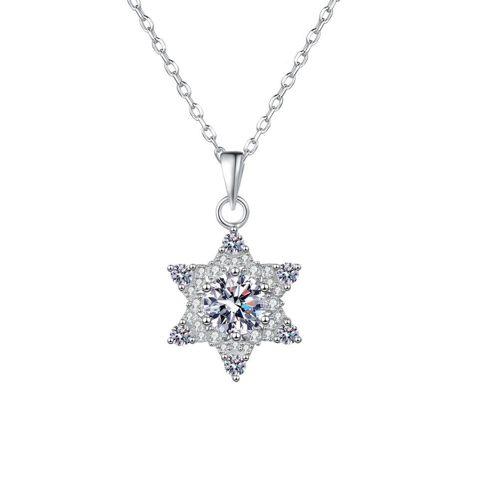 Six-Pointed Star Halo Moissanite Pendant Necklace - 925 Sterling Silver, 1ct