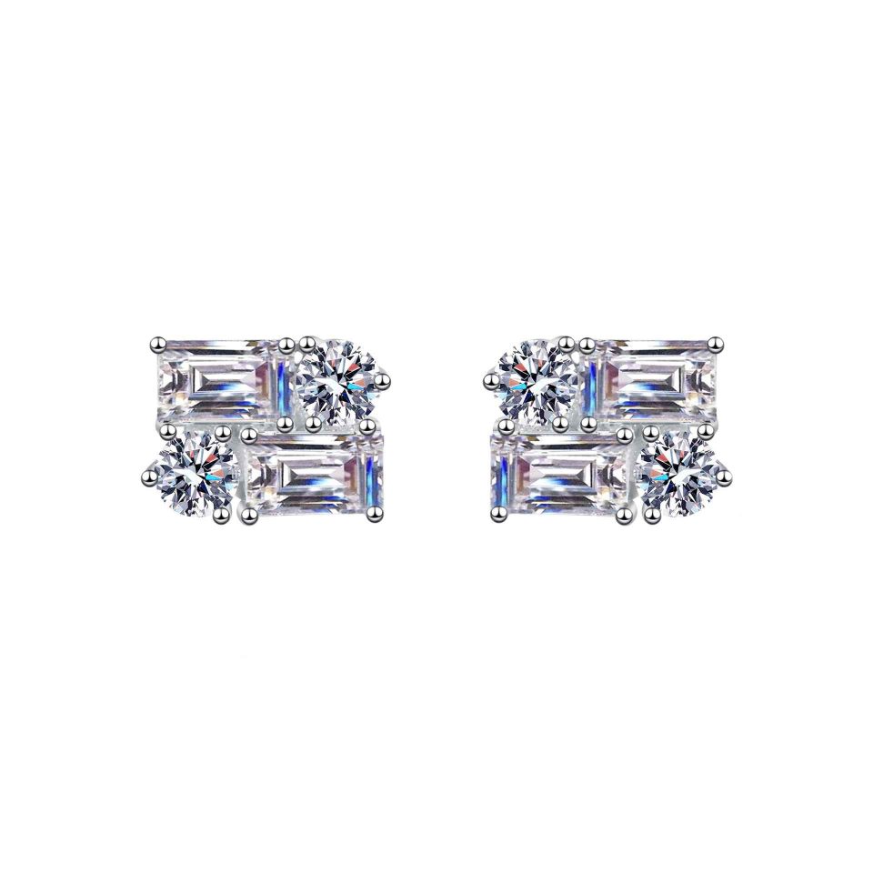 Emerald & Round Cut Mixed-Shape Moissanite Stud Earrings - 925 Sterling Silver, 1.2ct Per Ear