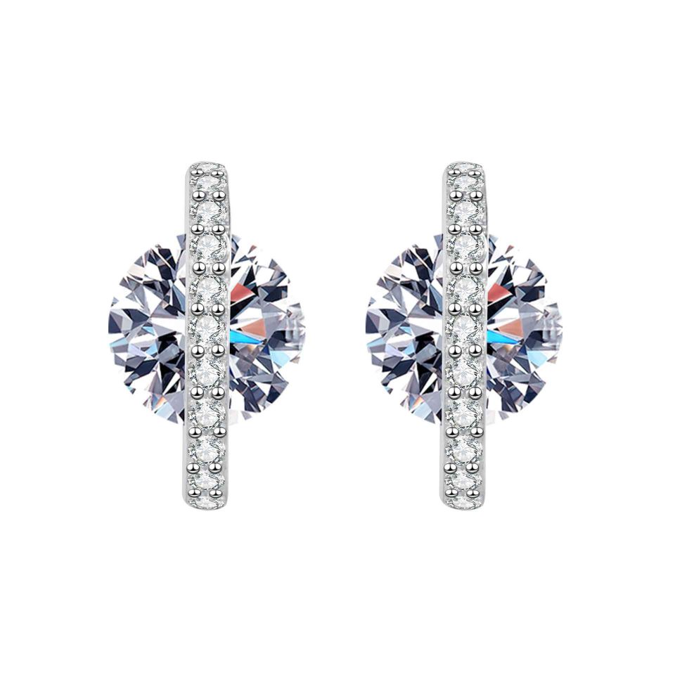 Bezel-Set Round-Cut Moissanite Stud Earrings with Pavé Bar - 925 Sterling Silver, 1ct Per Ear