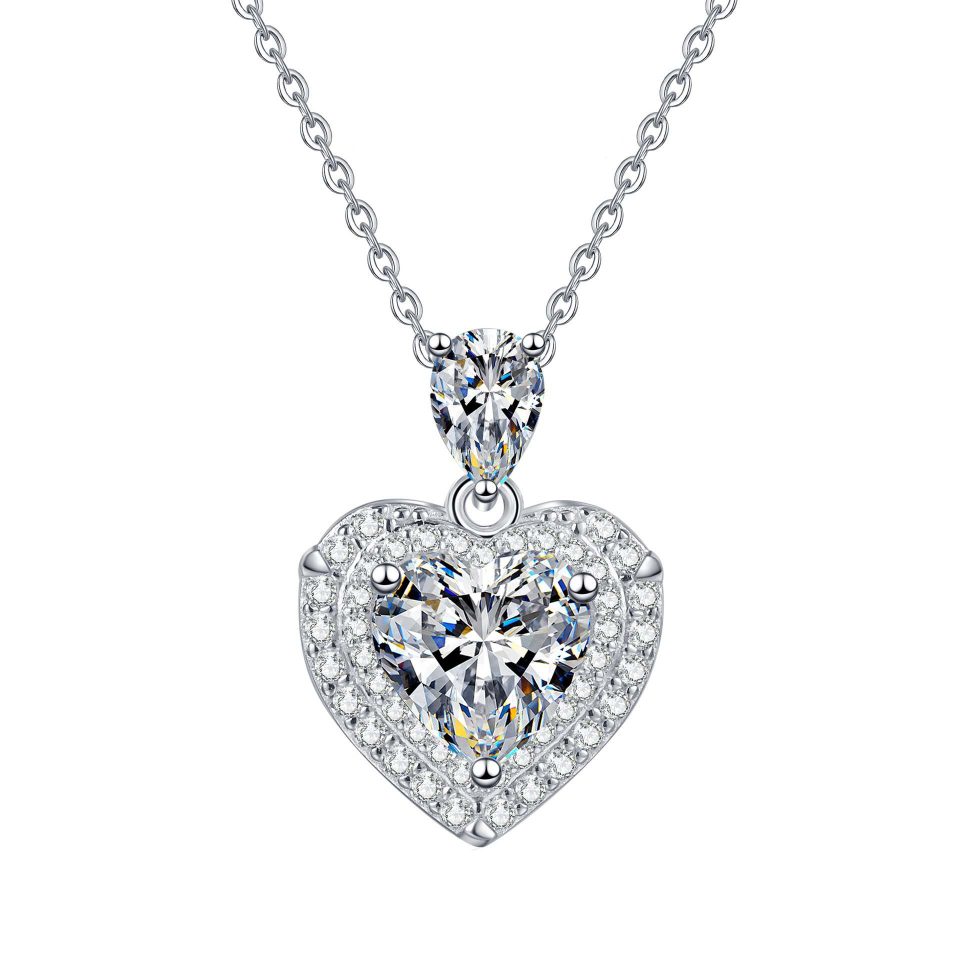 Double-Stone Heart & Pear Moissanite Pendant Necklace - 925 Sterling Silver, 2.5ct Total