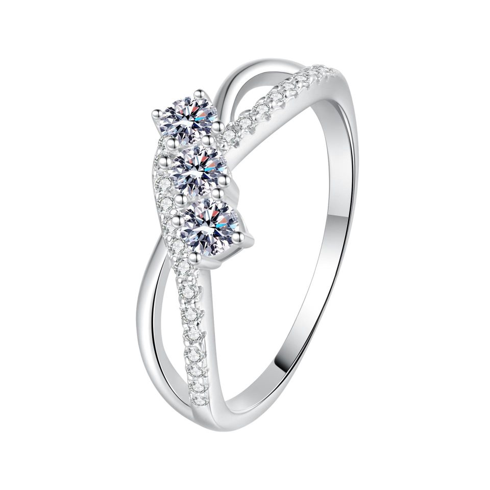 0.41ct Three-Stone Double-Line Moissanite Ring - 925 Sterling Silver Band