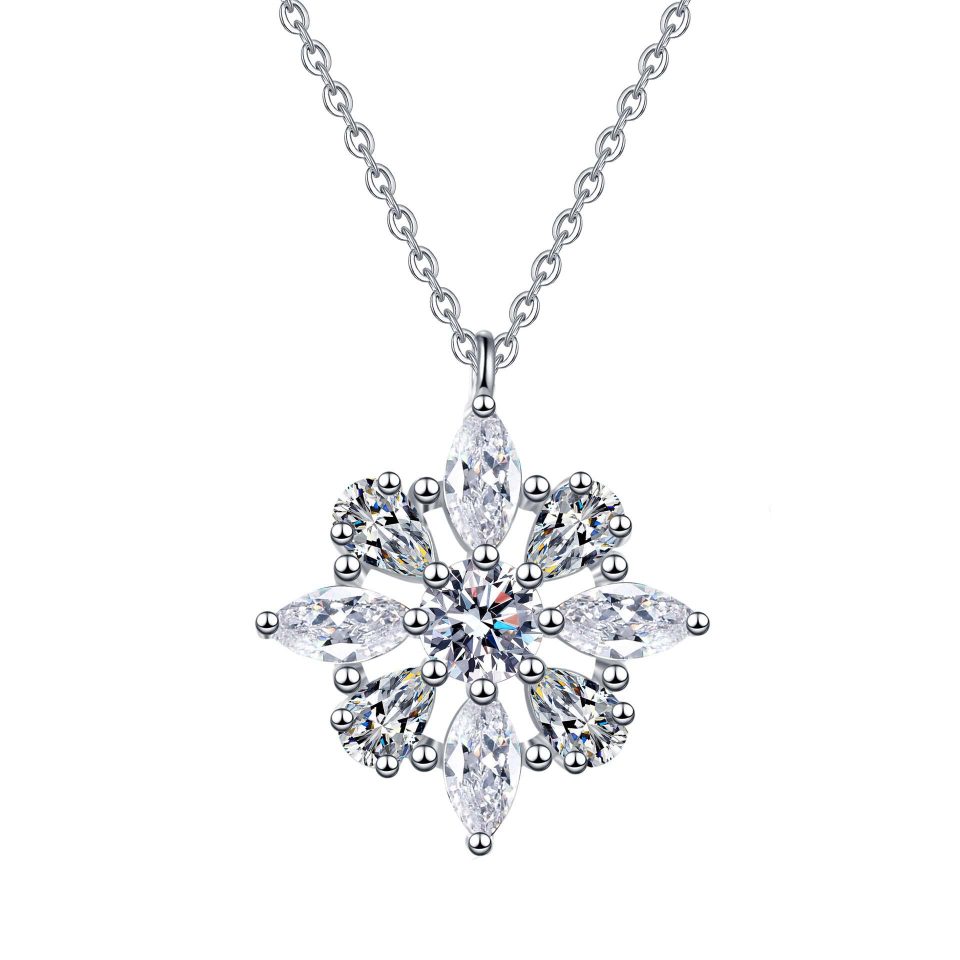 Marquise & Pear-Cut Flower/Snowflake Moissanite Pendant Necklace - 925 Sterling Silver, 3.1ct Total