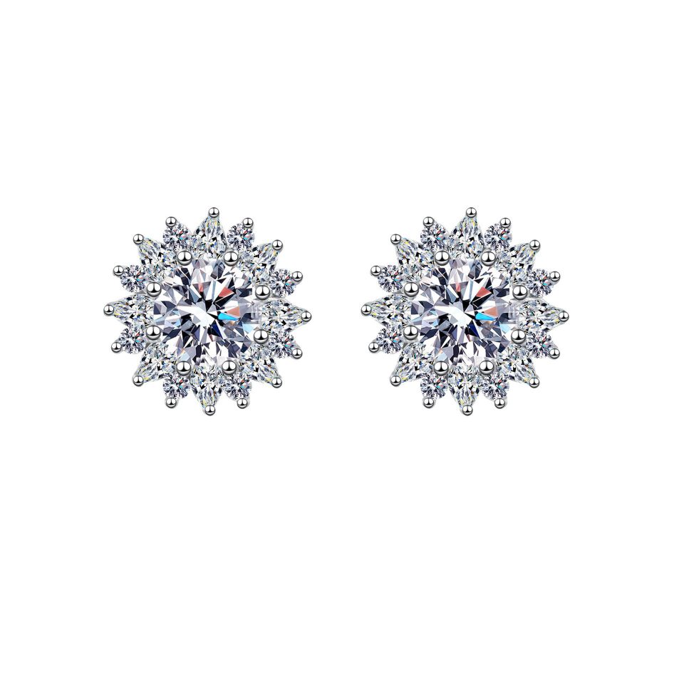 Sunflower Halo Moissanite Stud Earrings - 925 Sterling Silver, 1ct Per Ear
