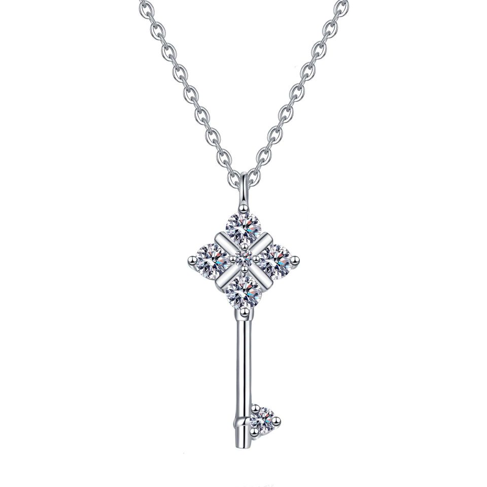 Key-Shaped Moissanite Pendant Necklace - 925 Sterling Silver, 0.44ct Total