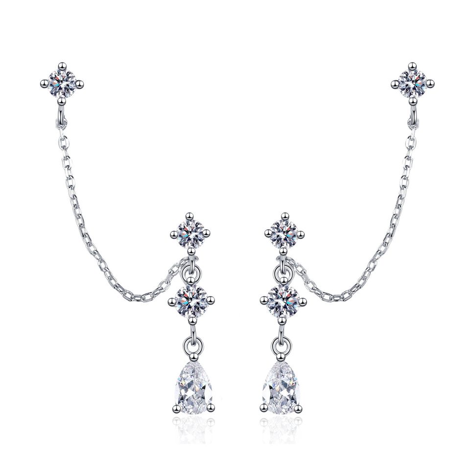 Multi-Stone Linked Drop Moissanite Earring - 925 Sterling Silver, 0.9ct Per Ear