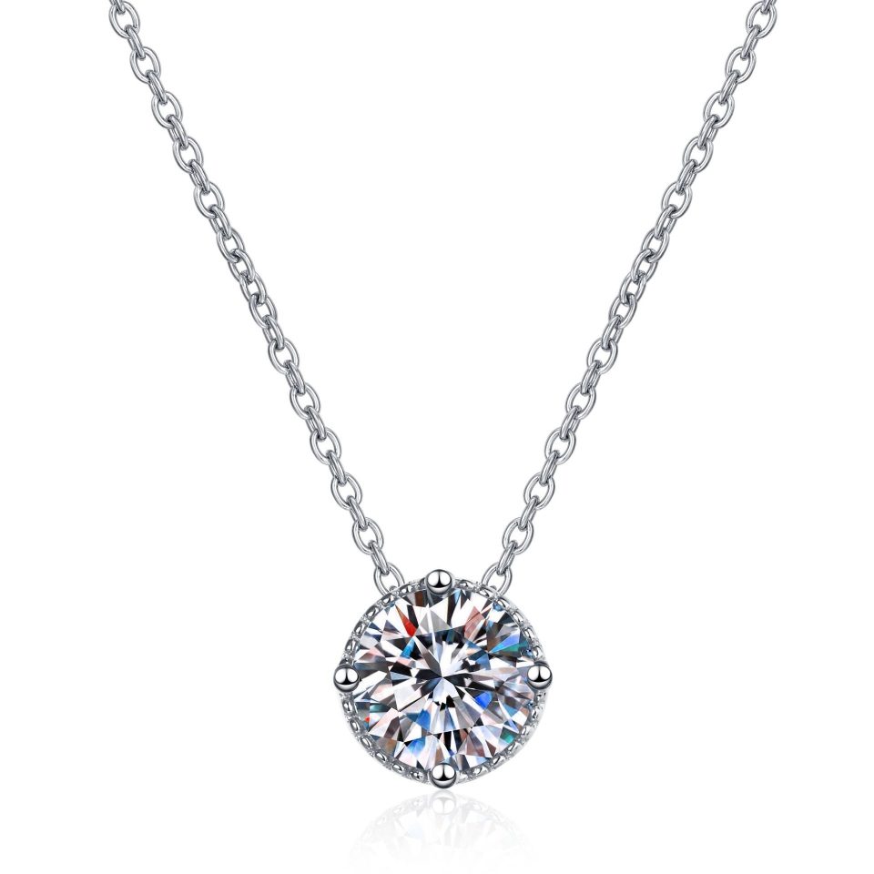Round Solitaire with Halo Moissanite Pendant Necklace - 925 Sterling Silver, 1ct
