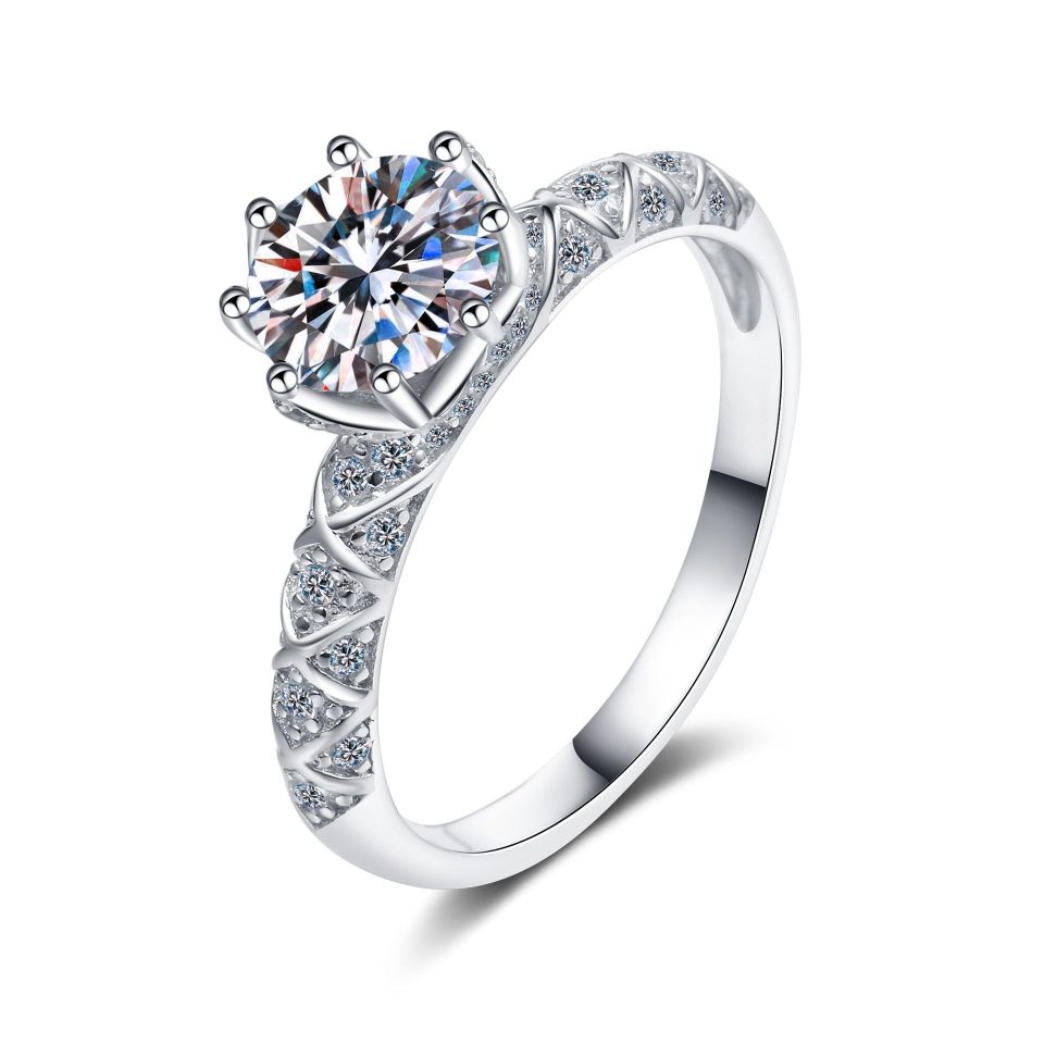 1ct Eight-Prong Moissanite Ring - 925 Sterling Silver Pavé Band