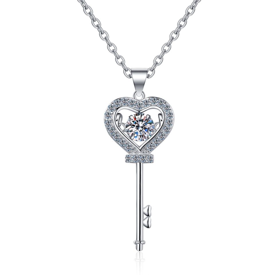 Heart Key Pendant Necklace with Dancing 0.5ct Moissanite - 925 Sterling Silver