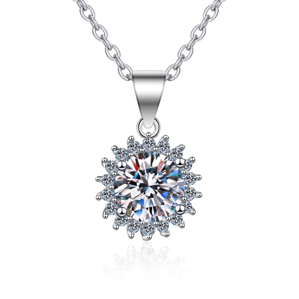 Sunflower Halo Round-Cut Moissanite Pendant Necklace - 925 Sterling Silver, 0.5ct / 1ct / 2ct / 3ct