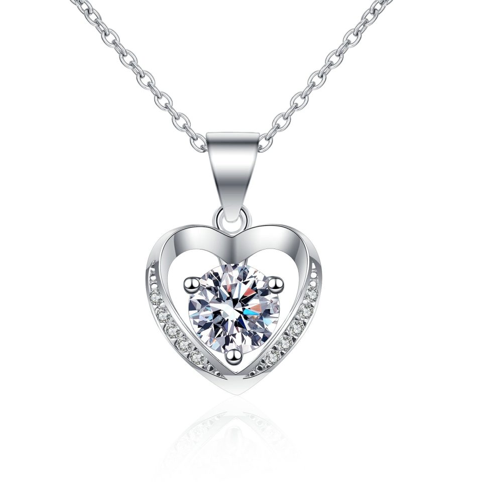 Open Heart Solitaire Moissanite Pendant Necklace - 925 Sterling Silver, 1ct