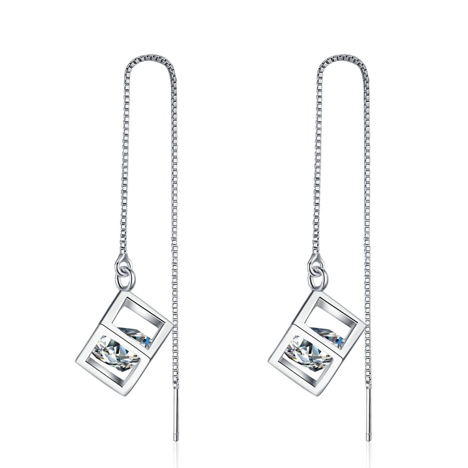 Cube Frame Drop Moissanite Threader Earrings - 925 Sterling Silver, 0.5ct / 1ct Per Ear