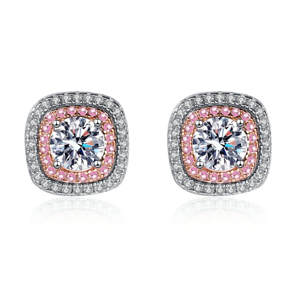 Two-Tone Double Halo Cushion Moissanite Stud Earrings - 925 Sterling Silver, 0.5ct Per Ear
