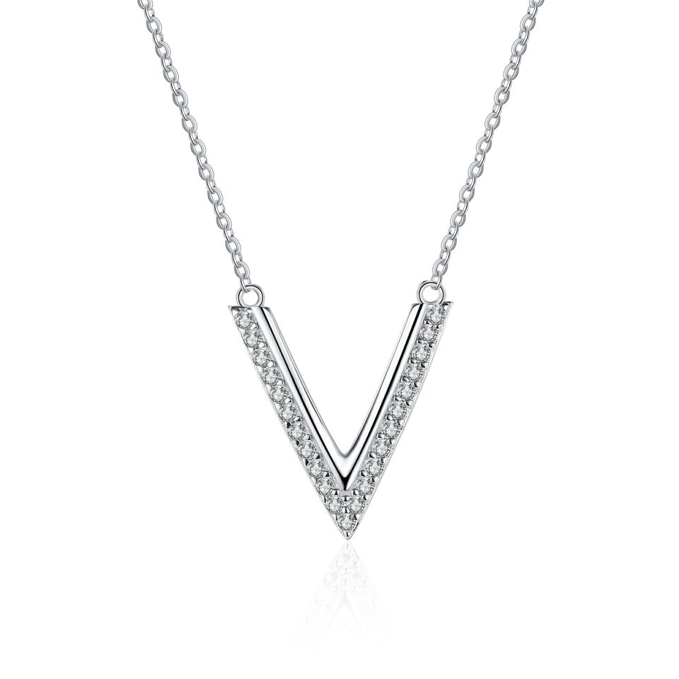Pavé V-Shaped Moissanite Pendant Necklace - 925 Sterling Silver, 0.19ct Total