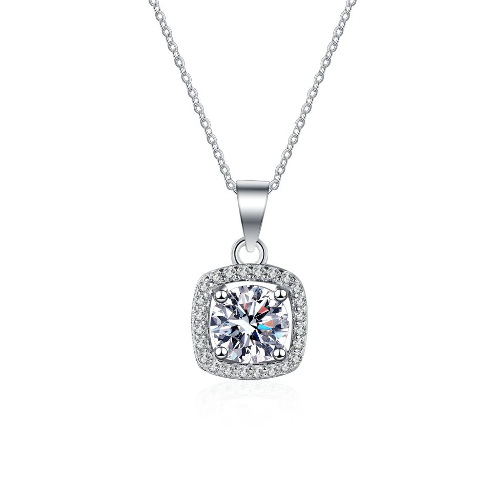 Cushion-Style Halo Moissanite Pendant Necklace - 925 Sterling Silver, 1ct/2ct Options