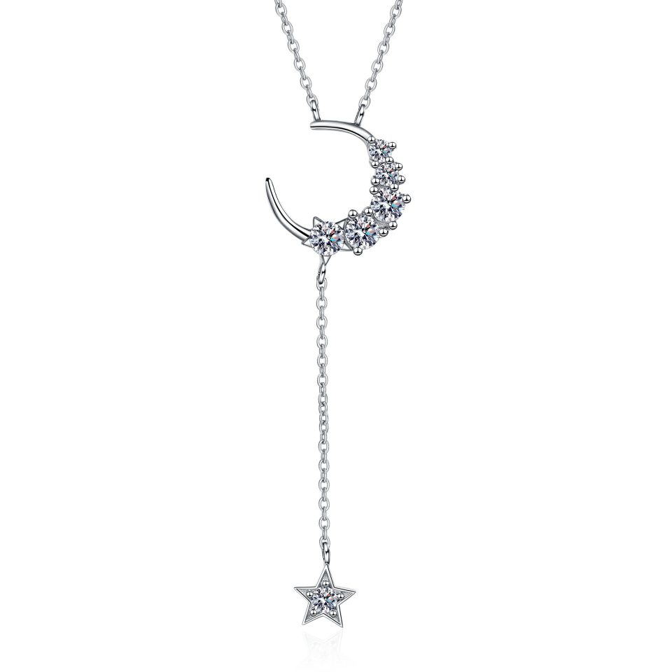 Moon & Star Y-Shaped Moissanite Pendant Necklace - 925 Sterling Silver, 0.4ct Total