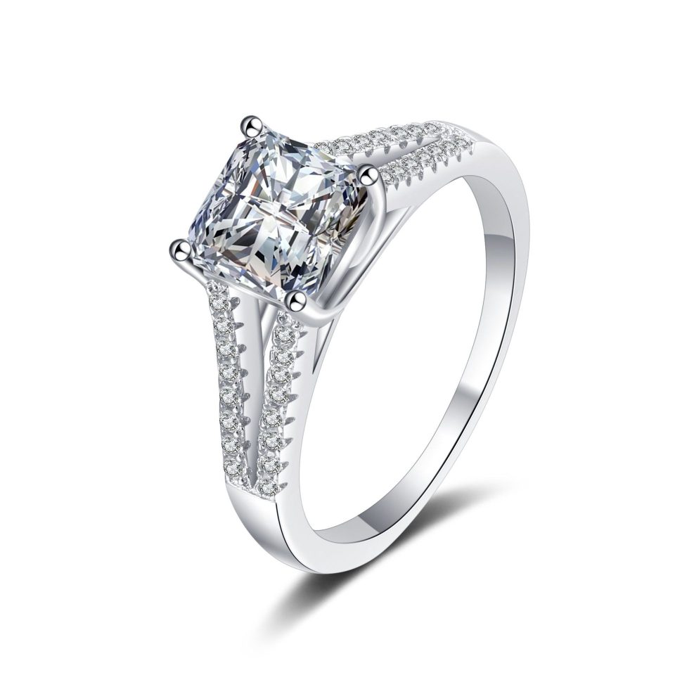 2ct Princess-Cut Moissanite Ring with Split-Shank Pavé Band - 925 Sterling Silver