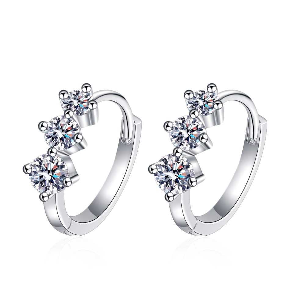 Graduated Three-Stone Moissanite Huggie Hoop Earrings - 925 Sterling Silver, 0.36ct Per Ear