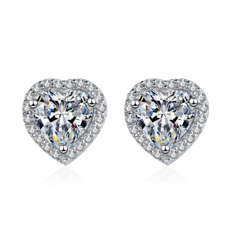 Heart-Cut Halo Moissanite Stud Earrings - 925 Sterling Silver, 0.5ct / 1ct / 2ct Per Ear