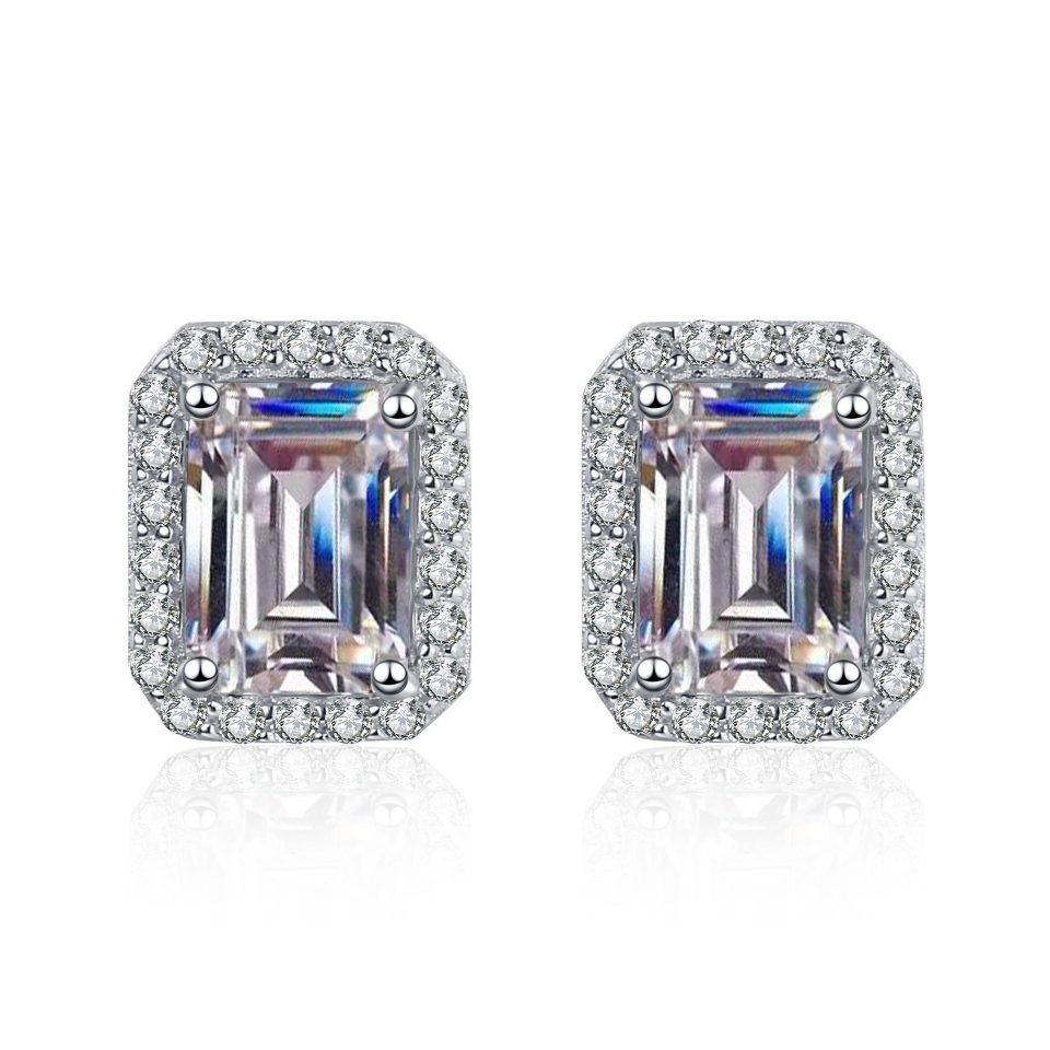Emerald-Cut Halo Moissanite Stud Earrings - 925 Sterling Silver, 0.5ct / 1ct / 2ct Per Ear