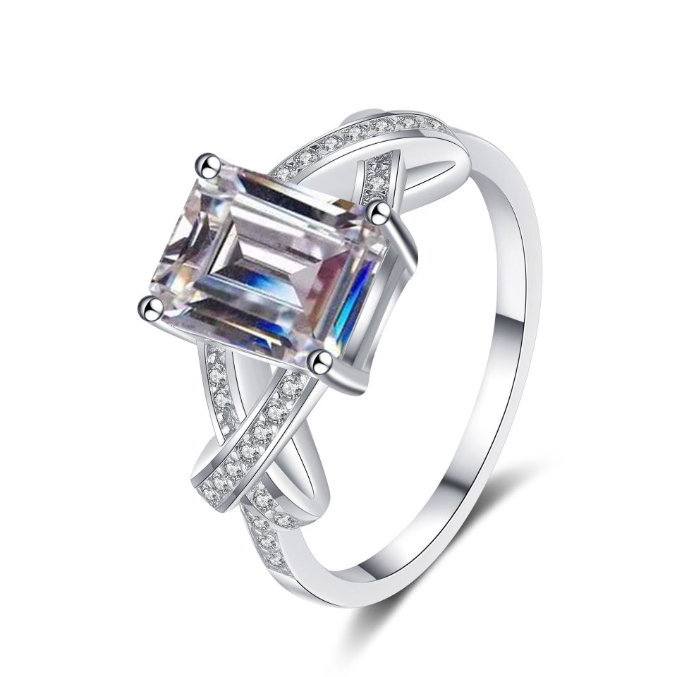 3ct Emerald-Cut Moissanite Ring with Crisscross Pavé Band - 925 Sterling Silver