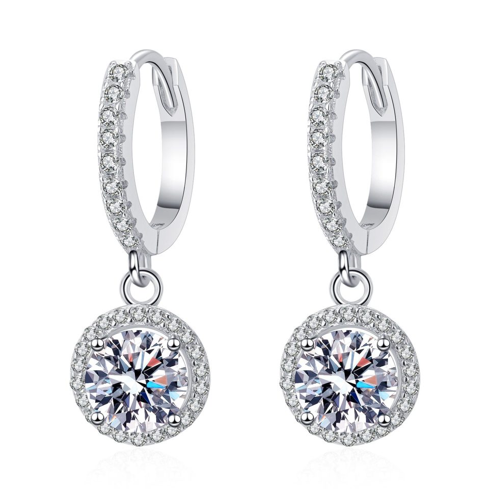 Round-Cut Halo Moissanite Drop Hoop Earrings - 925 Sterling Silver, 1ct Per Ear