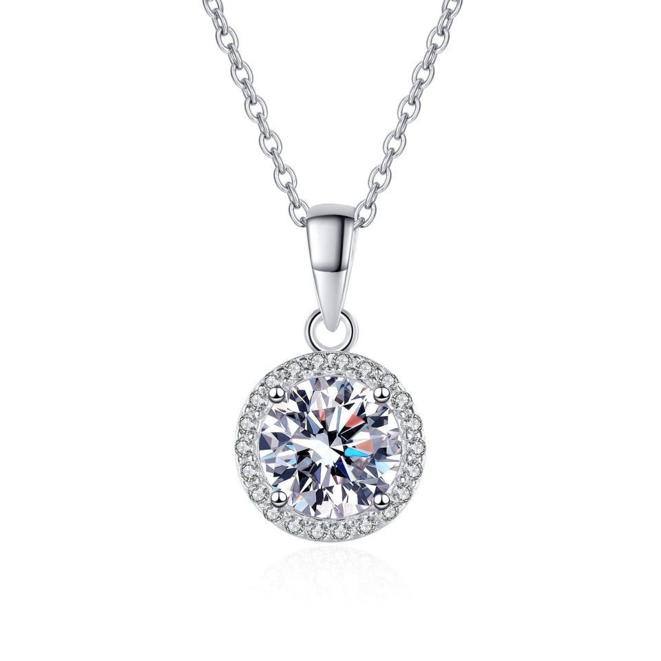 1ct Round-Cut Moissanite Halo Pendant Necklace, 925 Sterling Silver