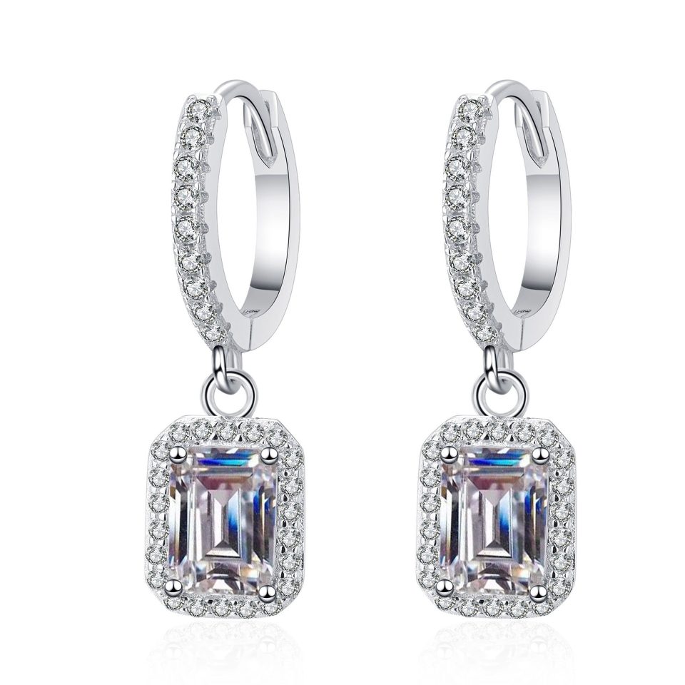 Emerald-Cut Halo Moissanite Drop Hoop Earrings - 925 Sterling Silver, 1ct / 2ct Per Ear