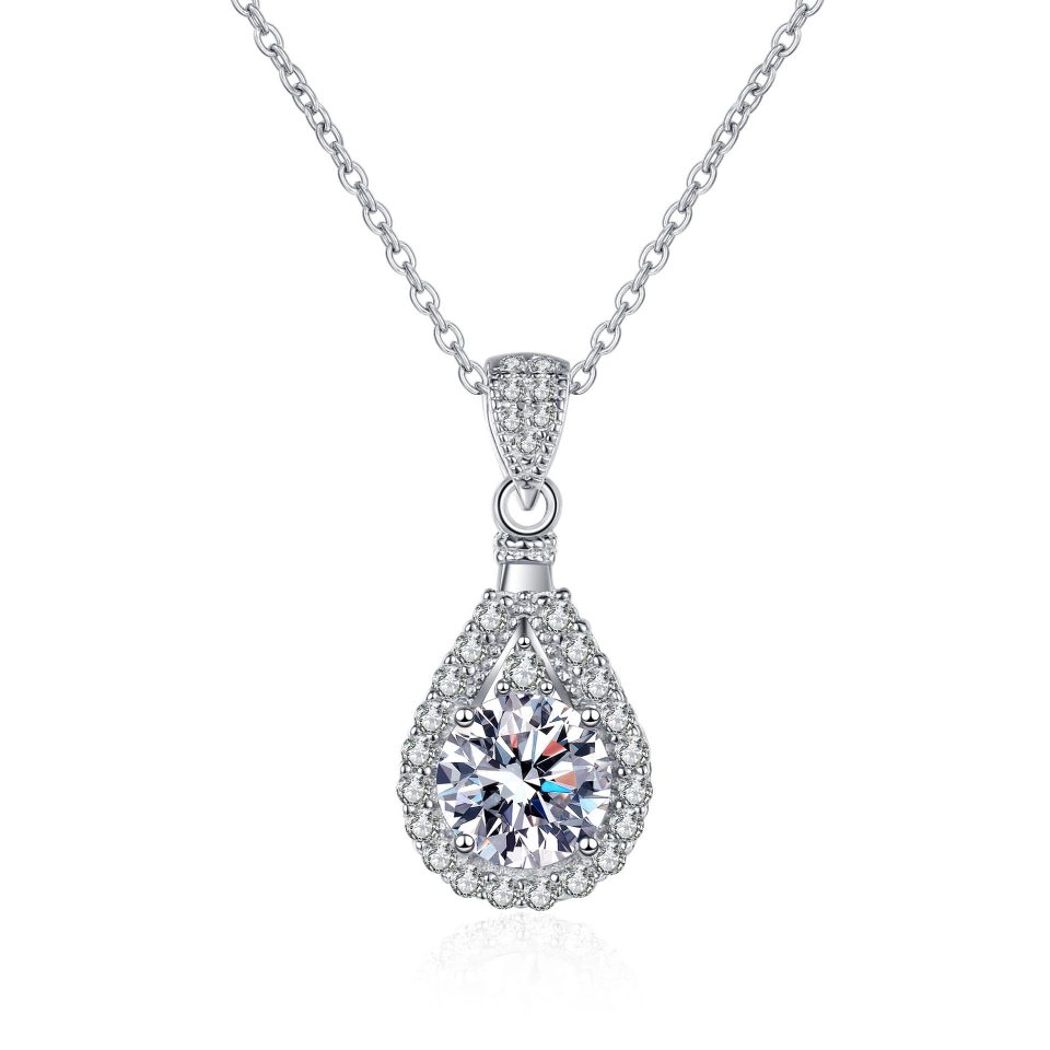 1ct/2ct Round-Cut Moissanite Teardrop Halo Pendant Necklace, 925 Sterling Silver