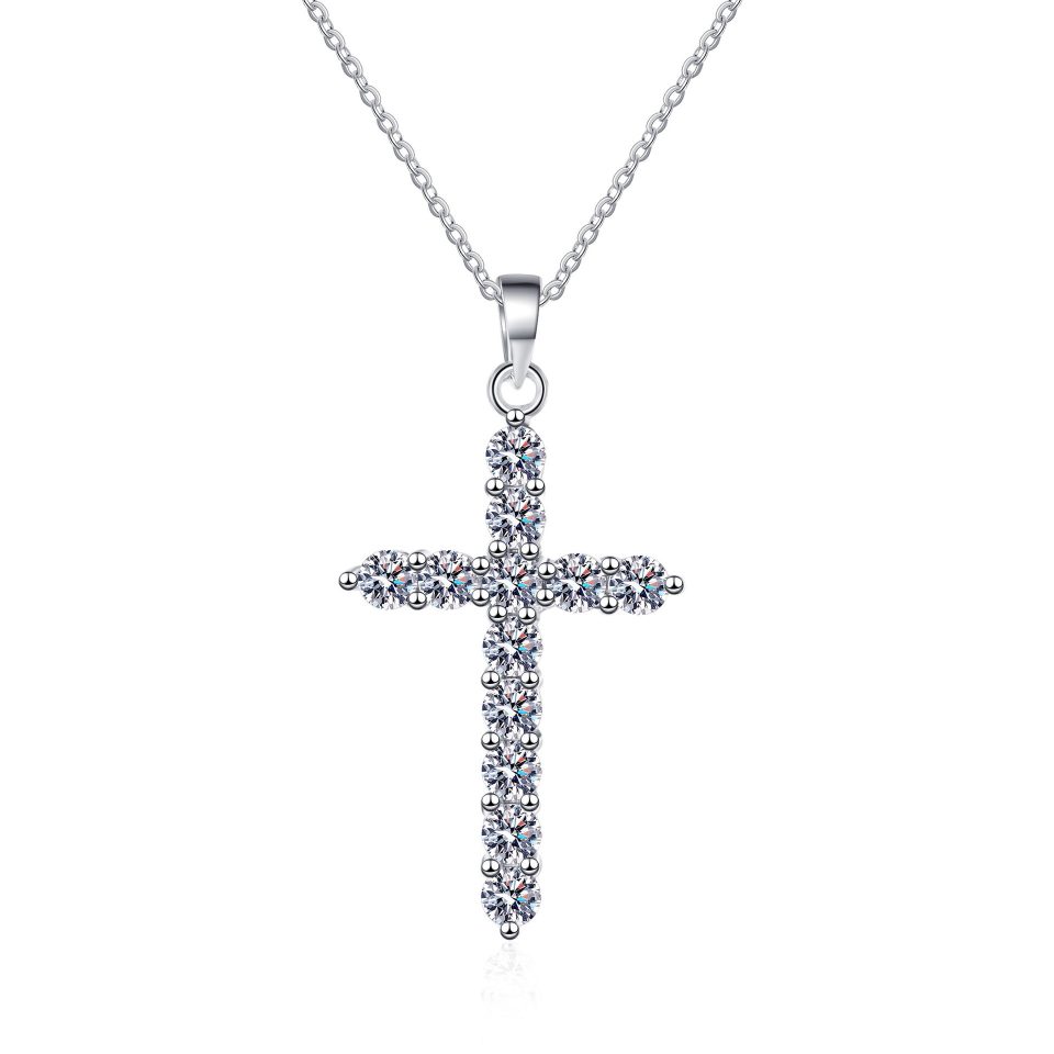 Full Pavé Cross Moissanite Pendant Necklace - 925 Sterling Silver, 1.2ct