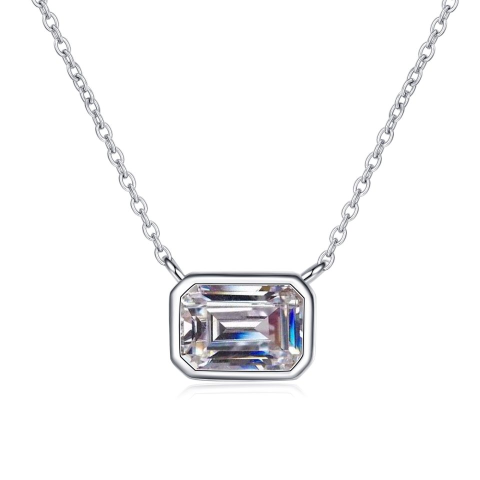 1ct Emerald-Cut Moissanite Bezel-Set Solitaire Pendant Necklace, 925 Sterling Silver