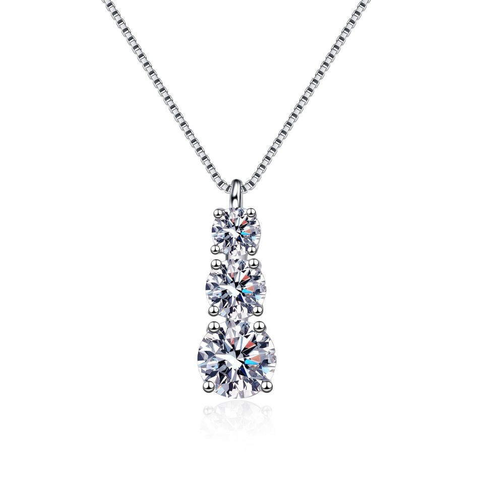 Three-Stone Drop Moissanite Pendant Necklace - 925 Sterling Silver, 1.8ct Total