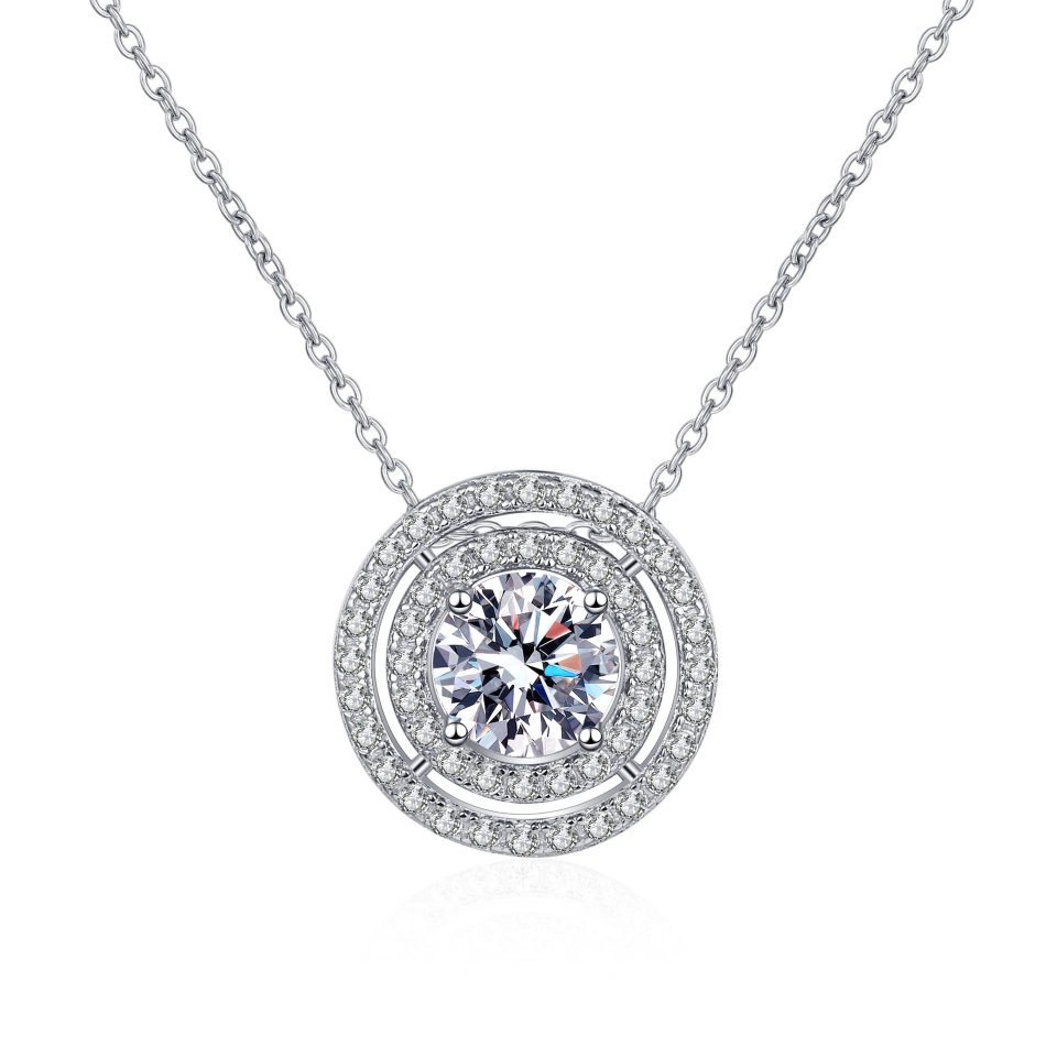 Double Halo Round Pendant - 925 Sterling Silver, 1ct Center Stone