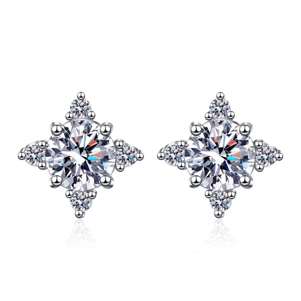 Four-Prong Starburst Moissanite Stud Earrings - 925 Sterling Silver, 0.5ct / 1ct Per Ear