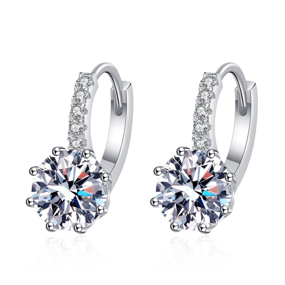 Eight-Prong Solitaire Drop Moissanite Huggie Hoop Earrings - 925 Sterling Silver, 2ct Per Ear