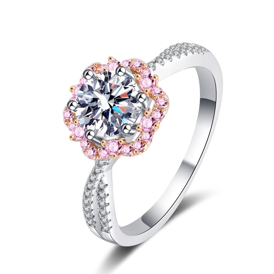 Plum Blossom Halo Ring with Twisted Band | 925 Silver with Rose Gold Accents (1ct)