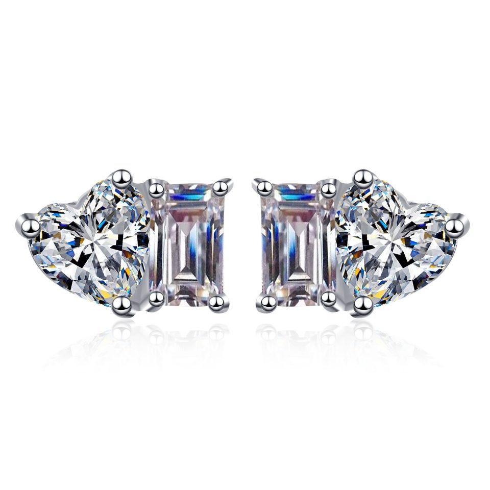 Heart & Emerald-Cut Moissanite Stud Earrings - 925 Sterling Silver, 1ct Per Ear